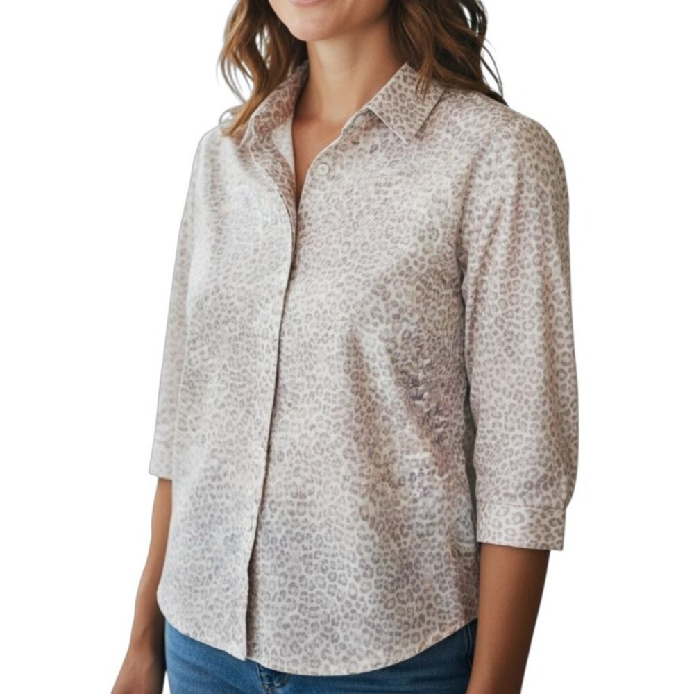 Chico's Women's Beige Animal Leopard Print No Iron Button Up Shirt Top 0 S/4/6
